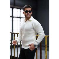 Oversize Gömlek Polo Yaka Selanik Örgülü Erkek Triko Kazak - Ekru