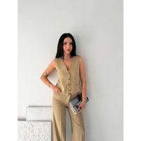 Çizgili Tansel Kumaş Yelek Pantolon İkili Takım Ofis Şık Modern - Bej