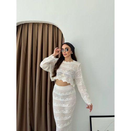 Kadın Uzun Kollu Kuş Gözü Transparan Detay Triko Bluz Ve Maxi Boy Etek Ikili Takım