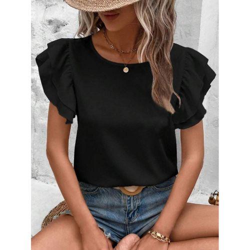 Bisiklet Yaka Kolları Volanlı İthal Krep Bluz