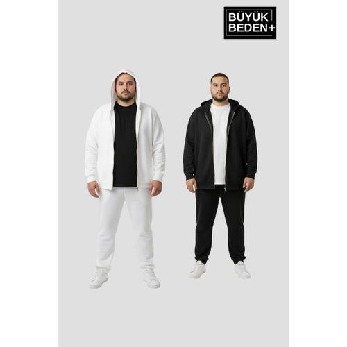 Erkek Büyük Beden Fermuarlı Kapüşonlu 2 li Set ince Sweatshirt Hırka - Rahat Kalıp SPR26BHR960+2