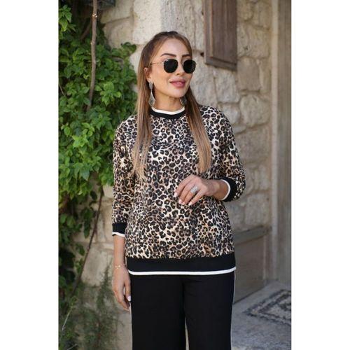 Kadın Uzun Kollu Bisiklet Yaka Leopar Desenli Iki Iplik Bluz Ve Viskon Iki Iplik Pantolon Ikili Takım