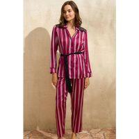 Saten Çizgili Düğmeli Uzun Kol Dantelli Gömlek Ve Pantolon Pijama Takım