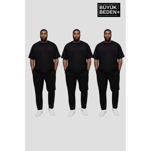Büyük Beden Erkek Regular Kalıp Basic 3XL-6XL Bisiklet Yaka 3 lü Tişört Seti SPR26BTS510+3