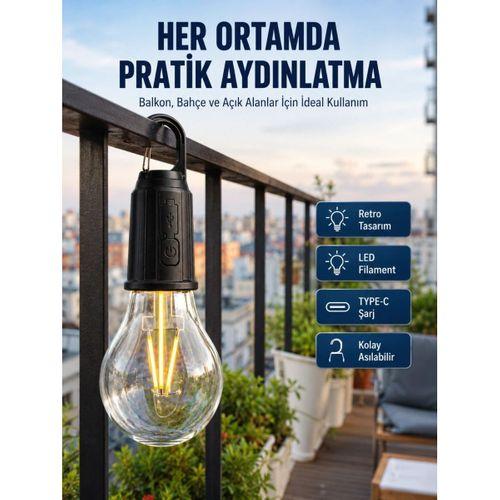 Şarjlı Dekoratif Kamp Lambası Askılı Ampul Led Işık Type-c Girişli