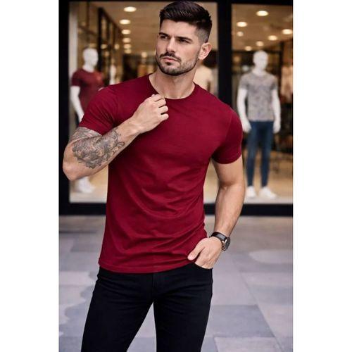 Erkek T-Shirt Bisiklet Yaka Slim Fit Dar Kesim Likralı Tişört Günlük Basic Body - Bordo