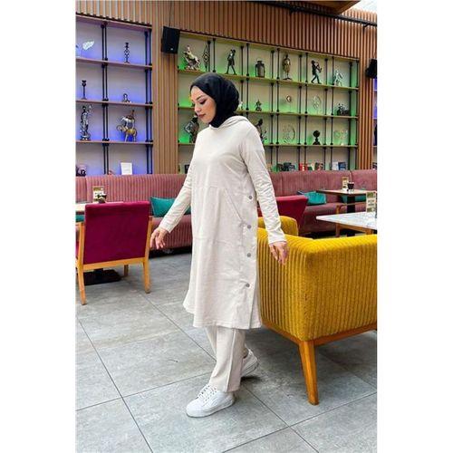 Kapşonlu Yandat Çıtçıtlı Sade Basic Uzun Tunik ve Pantolon İkili Spor Takım - 03071.027 - Ekru