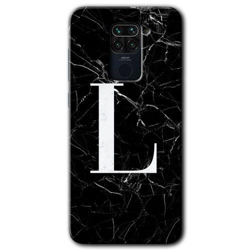 Xiaomi Redmi Note 9 Kılıf Kapak - Siyah Mermer Desenli L Harfi +Hayalet Ekran Yandan Gözükmez