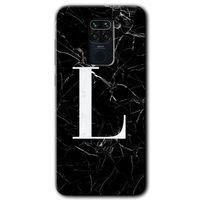Xiaomi Redmi Note 9 Kılıf Kapak - Siyah Mermer Desenli L Harfi +Hayalet Ekran Yandan Gözükmez
