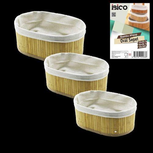 3 Boy Oval Organizer Sepet - Bambu Kenarlı, Ahşap Tabanlı, Bezli