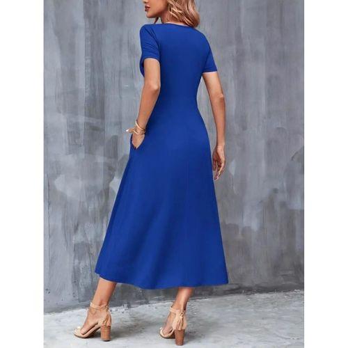 Kadın Kısa Kollu V Yakalı Cepli Viskon Elbise