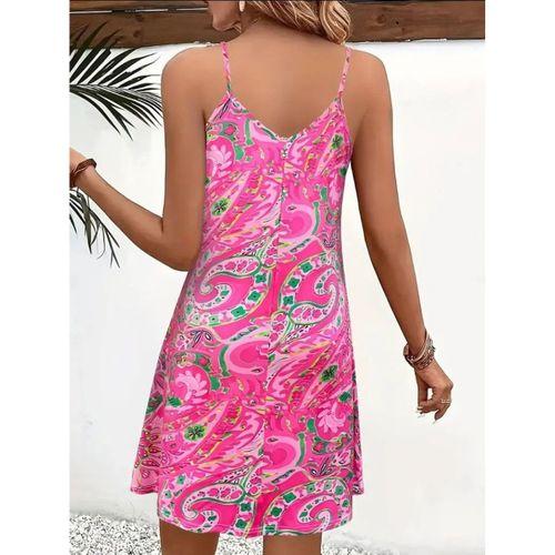 Kadın Ip Askılı V Yakalı Desenli Kısa Süprem Mini Elbise