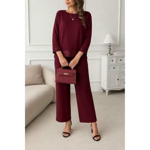 Kadın Uzun Kollu Bisiklet Yaka Pulpayetli Viskon Iki Iplik Bluz Ve Pantolon Ikili Takım