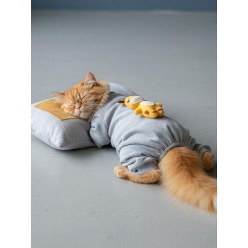 Sevimli Zürafa Kedi Uyku Seti | Penye Kedi Tulum ve Mini Yastık Takımı | Pamuklu | Tüy Dökülmesini Azaltır