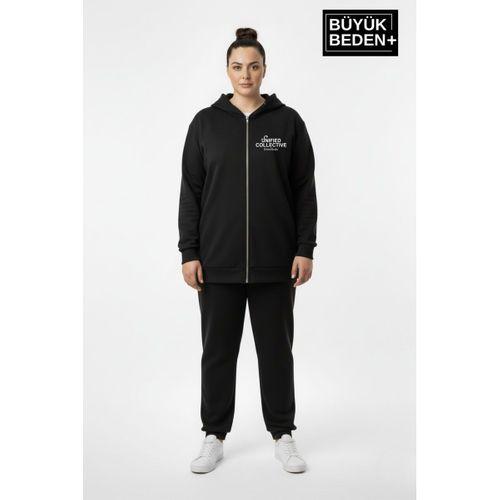Kadın Büyük Beden Fermuarlı Kapüşonlu Unified Baskılı Sweatshirt Hırka SPR26BHRK924