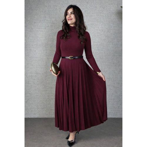 Kadın Uzun Kollu Balıkçı Yaka Kemersiz Pileli Uzun Sandy Elbise