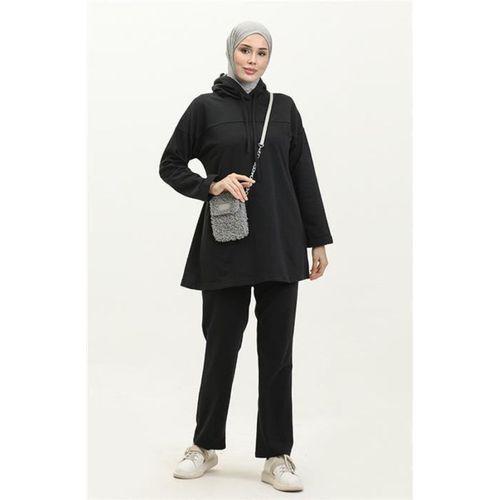 Kapşonlu Sweat Eşofman Sade Basic Spor Takım - 03056.003 - Siyah