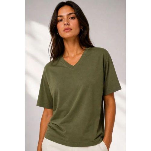 V Yaka Basic Tişört Kısa Kol Yazlık Regular Fit T-Shirt - Haki