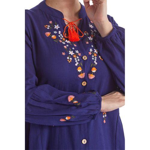 Uzun Kol Mor Nakışlı Püskül Bağcıklı Hakim Yaka Yazlık Şile Bezi Uzun Elbise