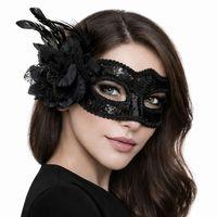 Siyah Venedik Parti Maskesi – Çiçekli Tüylü Payetli