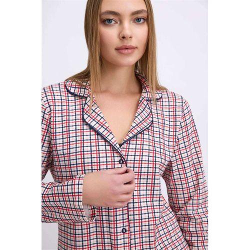 Kadın Pamuklu Uzun Kol Düğmeli Gömlek Ve Ekose Pantolon Pijama Takımı Zasız Şıklık