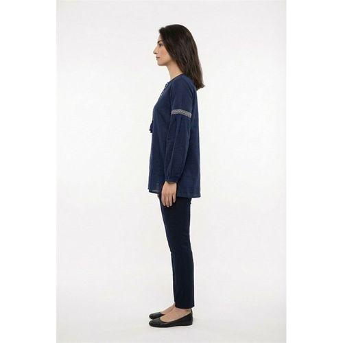Uzun Kol Dicle Bağcıklı V Yaka Yazlık Şile Bezi Tunik Lacivert Lcvt