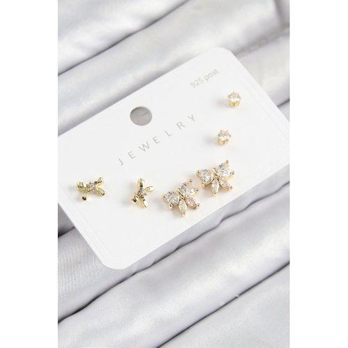 Pirinç Zirkon Taşlı Fiyonk Model Gold Renk 925 Ayar Gümüş Çivi Kadın Küpe Set