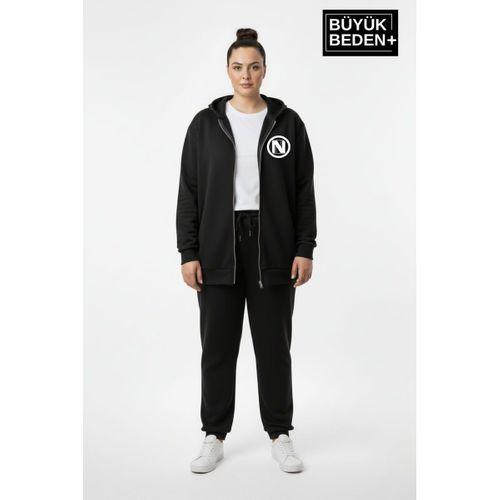 Kadın Büyük Beden Kapüşonlu Fermuarlı N Baskılı Sweatshirt Hırka SPR26BHRK922