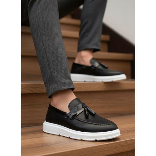 BA0005 Bağcıksız Yüksek Taban Klasik Püsküllü Corcik Erkek Ayakkabı Siyah Beyaz