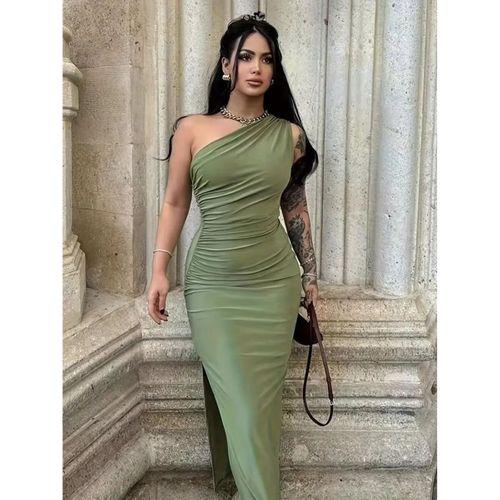 Kadın Tek Omuzu Açık Büzgülü Yandan Yırtmaçlı Uzun Sandy Elbise