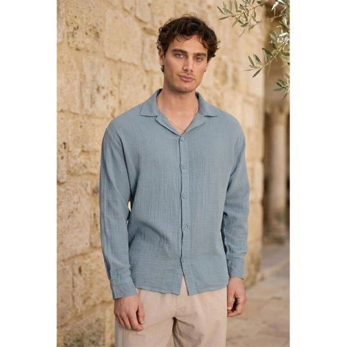 Apaş Yaka Oversize Müslin Kumaş Gömlek - Soğuk Mavi