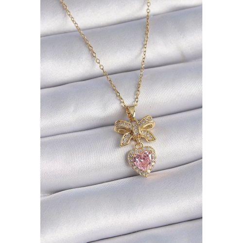 pilelistore 316L Çelik Gold Renk Zincir Zirkon Taşlı Kurdele Kalp Figür Kadın Kolye - TJ-BKO9434