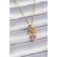 pilelistore 316L Çelik Gold Renk Zincir Zirkon Taşlı Kurdele Kalp Figür Kadın Kolye - TJ-BKO9434