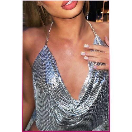 Parlak Gümüş Zırh Bustiyer,Kadın Seksi Zarif Crop