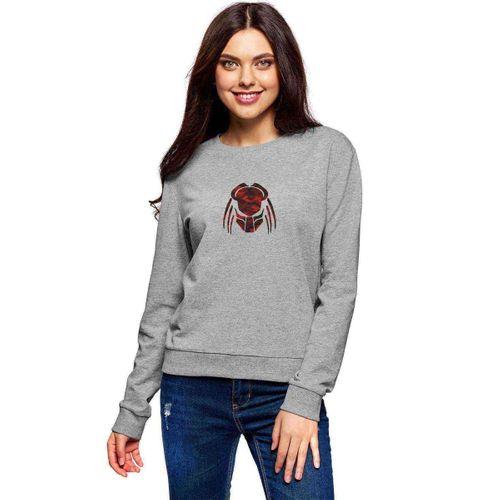 Kırmızı ve Siyah Kamuflaj Predator Illüstrasyon Baskılı Gri Kadın Sweatshirt