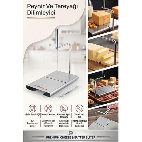 Peynir Ve Tereyağı Dilimleyici | 5 Yedek Telli Tel Kesici Lüks Şarküteri Kaşar Dilimleme Standı Aparatı 304 Paslanmaz Çelik 723422