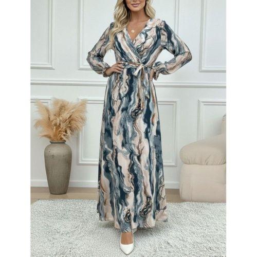 Kadın Uzun Kollu Kruvaze Yakalı Beli Kuşaklı Desenli Süprem Maxi Elbise