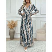 Kadın Uzun Kollu Kruvaze Yakalı Beli Kuşaklı Desenli Süprem Maxi Elbise