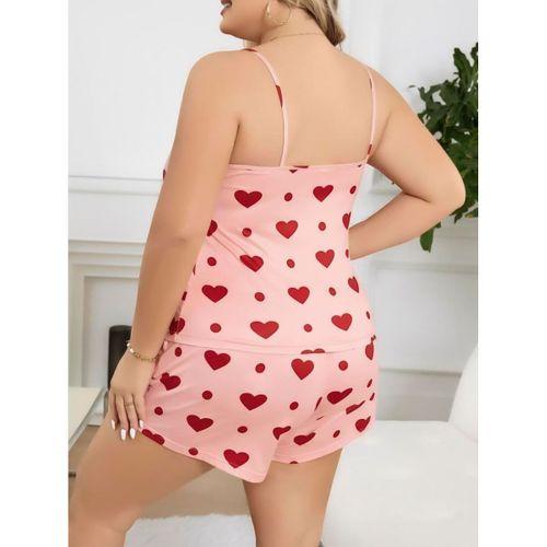 Büyük Beden Pembe Kalp Desen Pamuklu Şortlu Pijama Takımı