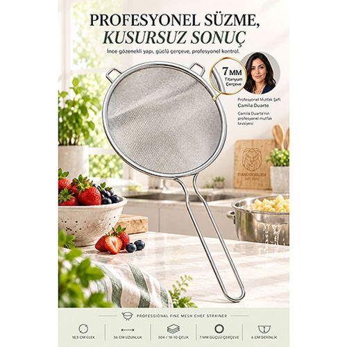 Endüstriyel Titanyum 7 mm Çerçeveli İnce Gözenekli Tel Süzgeç Kevgir Profesyonel Şef Tipi 18/10 304 Paslanmaz Çelik 18.5 cm 723685
