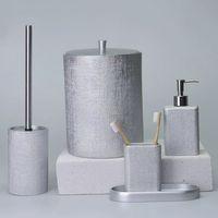 By Selim Linen Gümüş 5 Parça Polyester Banyo Seti