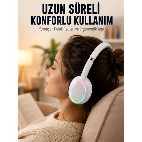 Beyaz Kablosuz Bluetooth Kulaklık Mikrofonlu Ergonomik Kulak Üstü Tasarım