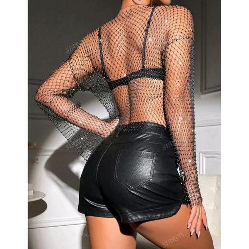 Kadın Siyah Kristal Taşlı File Crop