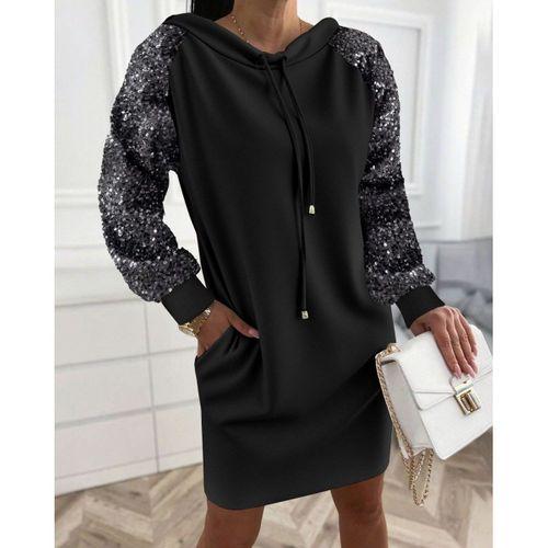 Kadın Uzun Kollu Pulpayetli Bağcıklı Cep Detaylı Mini Viskon Iki Iplik Elbise