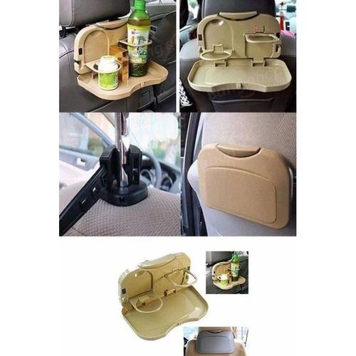 Araç İçi Koltuk Arkası Katlanabilir Bardak Tutuculu Bej Tepsi