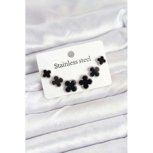 316L Çelik Gümüş Siyah Renk 3 Boy Yonca Küpe Seti