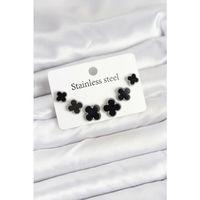 316L Çelik Gümüş Siyah Renk 3 Boy Yonca Küpe Seti