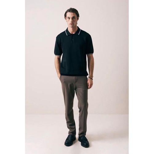 Austen Kontrast Biyeli Düğmeli Polo Yaka Kısa Kollu İnce Triko Erkek T-Shirt - Siyah