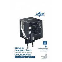 Gan+ Pd 40w Hızlı Şarj Adaptörü Çoklu Çıkış Usb-c Lightning Kablolu Hızlı Şarj Cihazı Ev Ofis Uyumlu Siyah