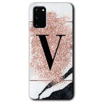 MRCİLETİSİM MRCİLETİSİM Samsung Galaxy S20 Kılıf HD Desen Baskılı Arka Kapak + Temperli Cam - Pembe Mermer Desenli V Harfi